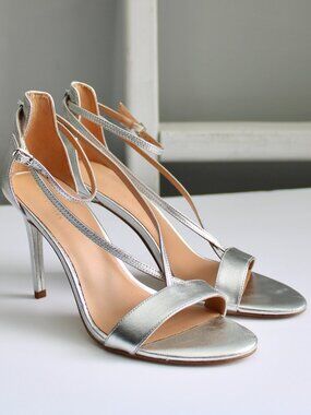 Halston Heritage Evie Silver Leather Open-Toe Heel Sandals Women's Size 7